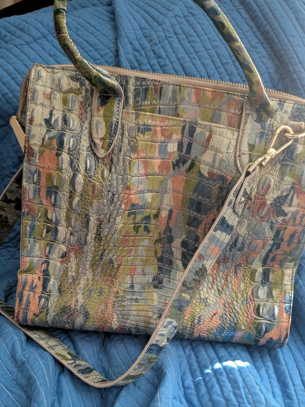 Brahmin Caroline Melbourne Water Lily Multi Color Croc-Embossed Leather Bag